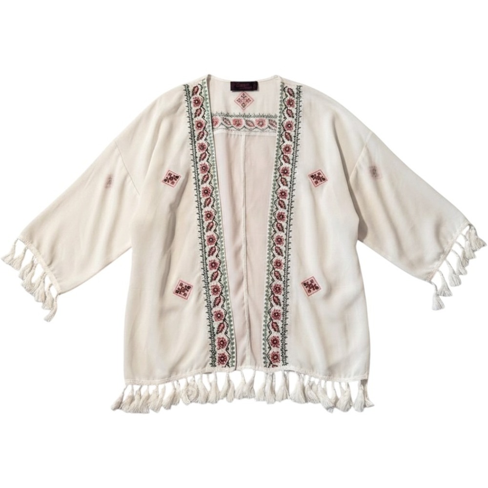 Cowgirl Legend Kimono Wrap XL White Embroidered Tassel Fringe Boho Festival